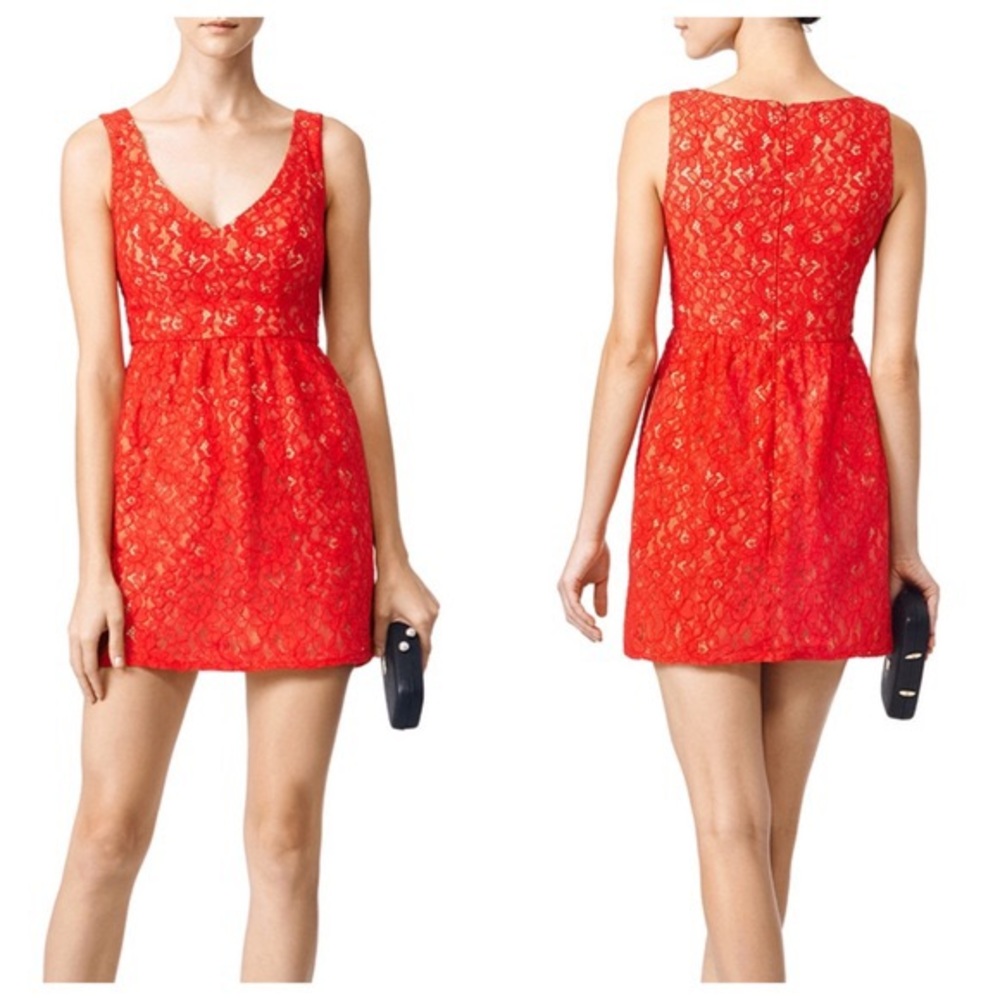 Shoshanna Coral Lace V Neck Cocktail Dress